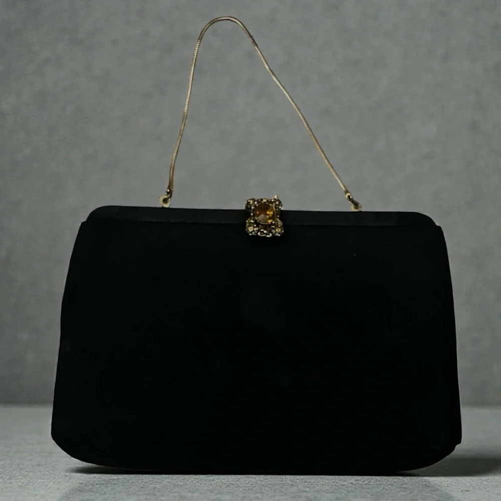 Gorgeous Little Vintage Black Evening Bag with Amber Colored Stone Clasp